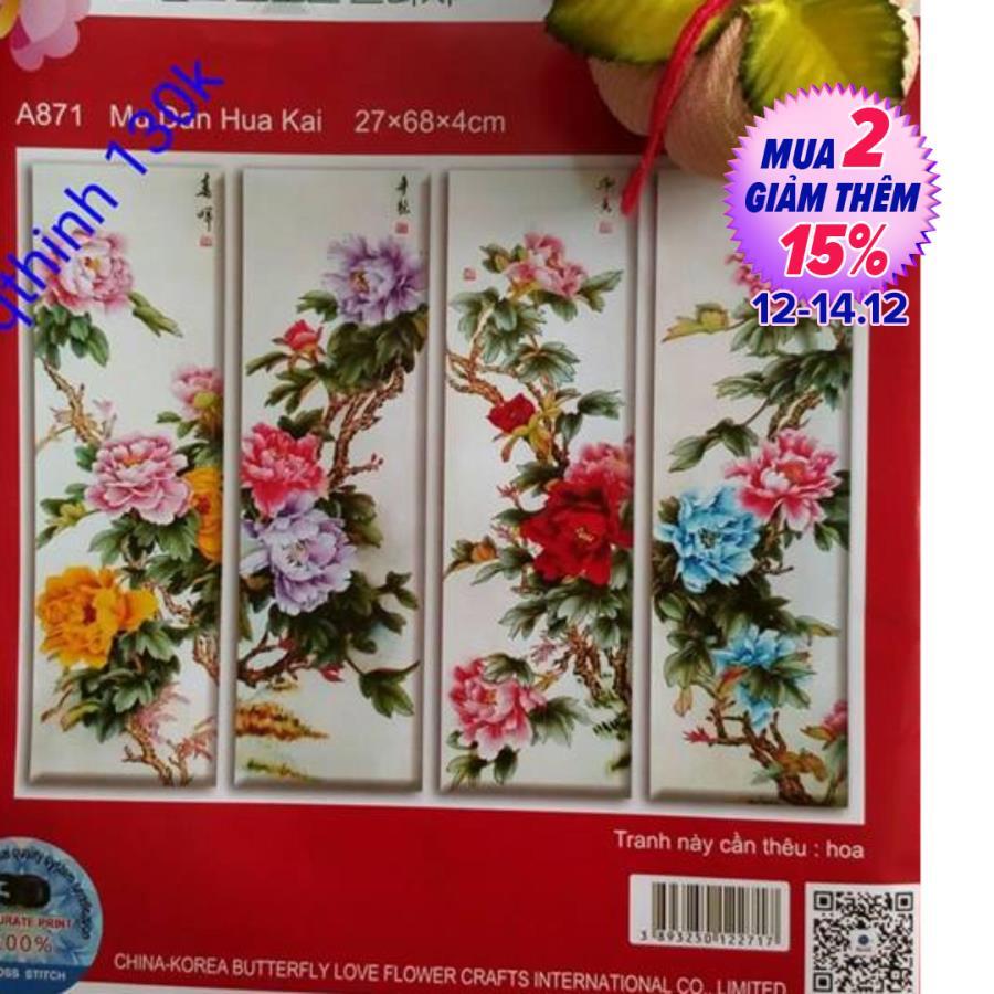Tranh thêu chữ thập tứ quý mẫu đơn A871