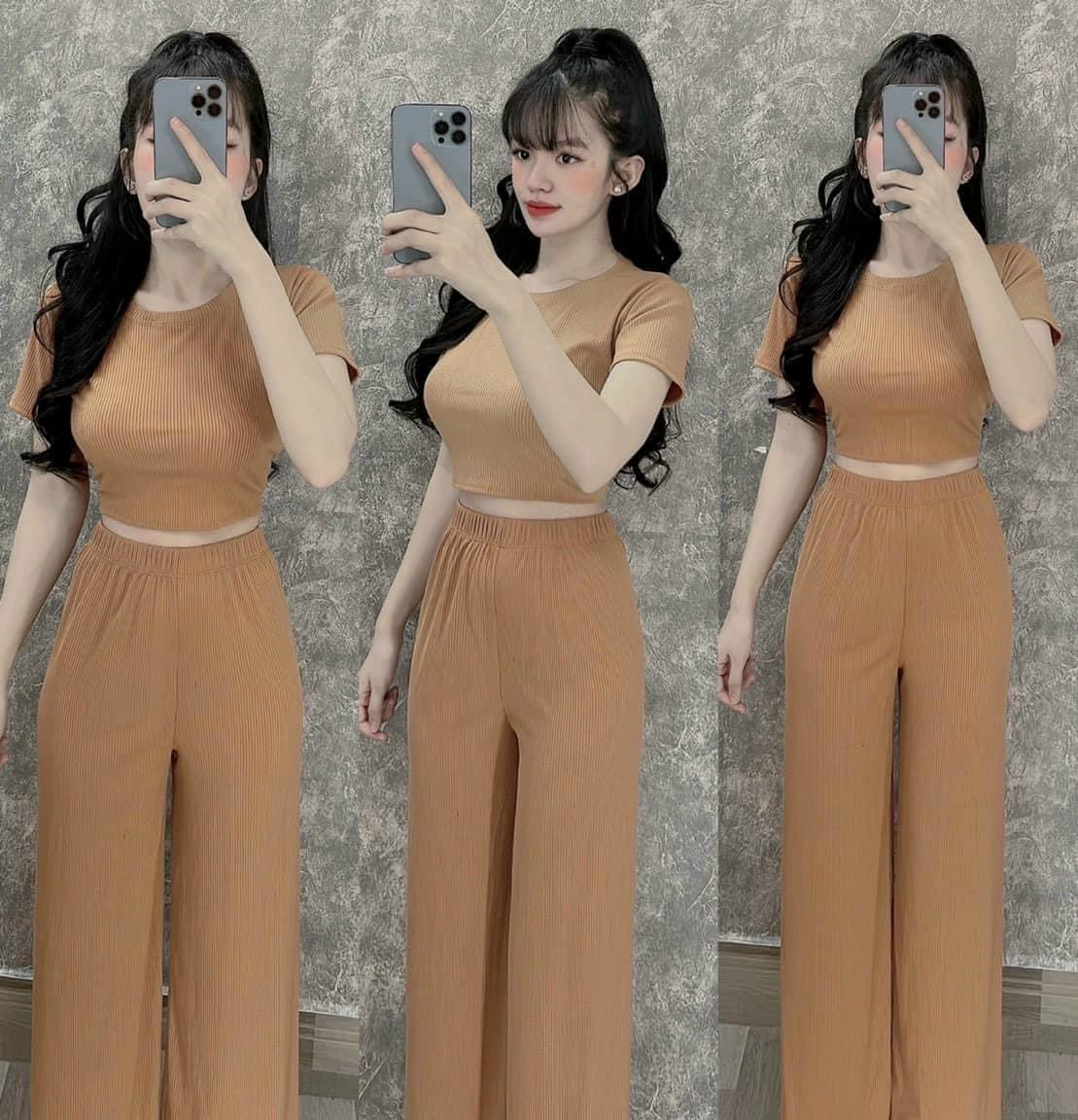 HOÀN TIỀN 15% - Set bộ thun gân nữ đi chơi du lịch đi biển Set bộ đi chơi nữ thiết kế 2 món chất thun gân áo croptop Set bộ đi chơi nữ thiết kế 2 món áo thun cộc tay kèm quần ống rộng MTB
