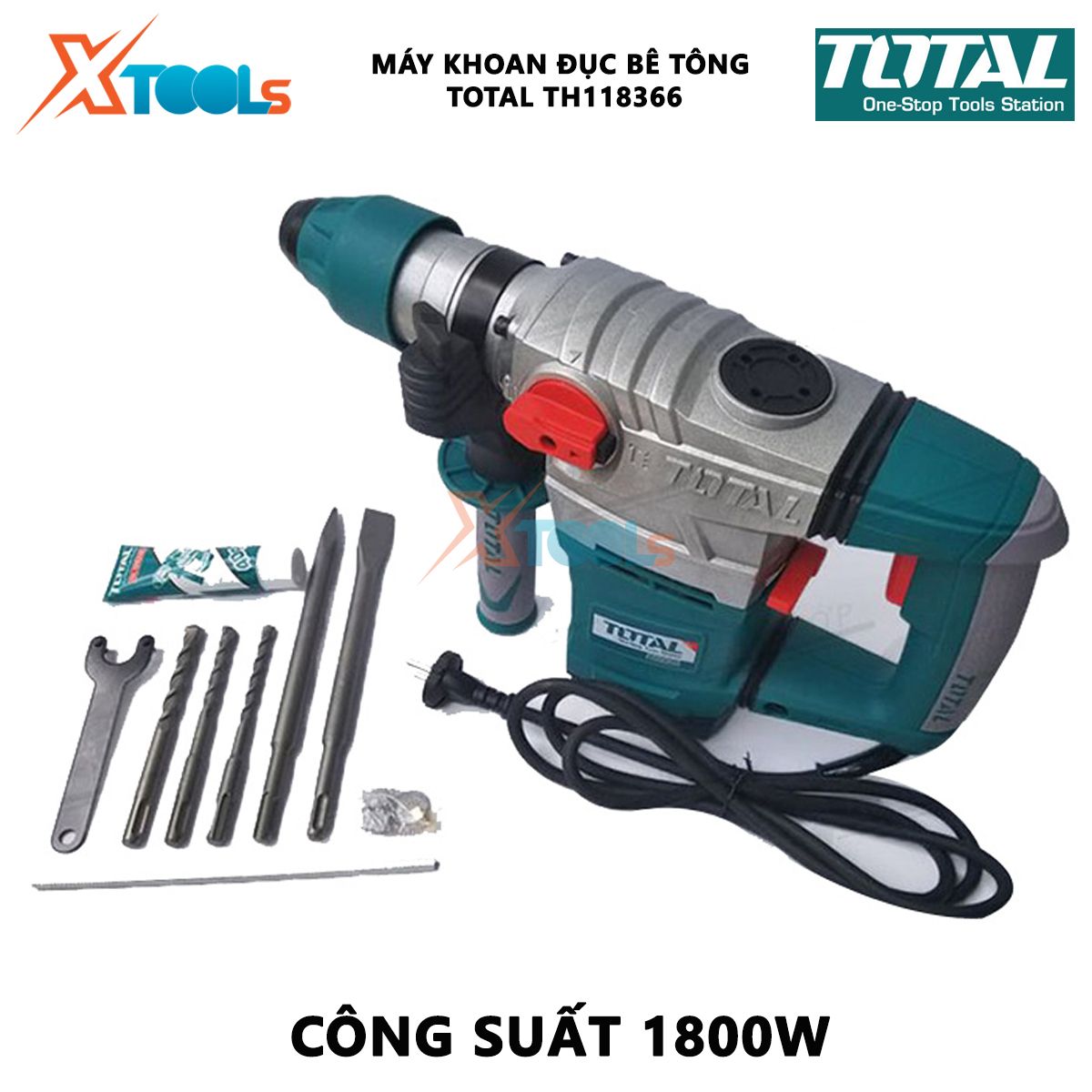 Machine drill chisel concrete Total TH118366 | hammer drill machine rotating power 1800W speed no-load 850 rpm speed beating 4200 BPM screwdriver, đục Wall, concrete drill [genuine] [XTools]