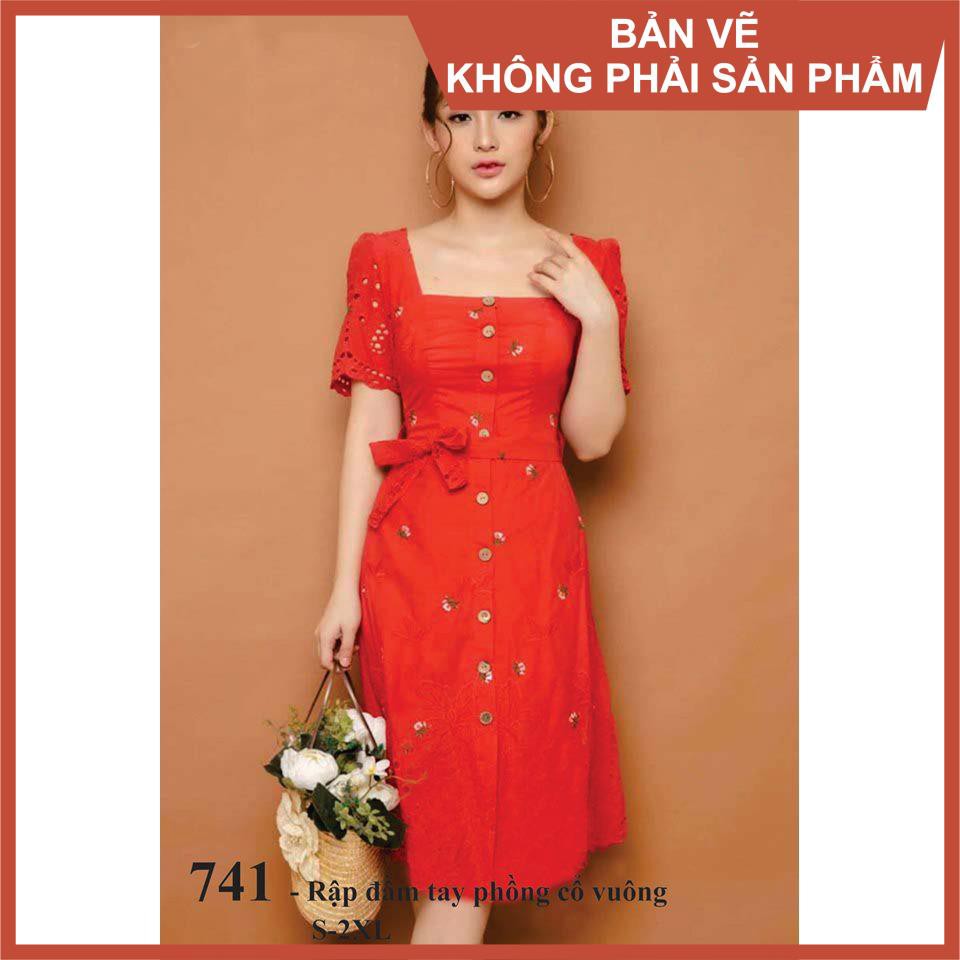 Rập giấy đầm tay phồng cổ vuông mã 741