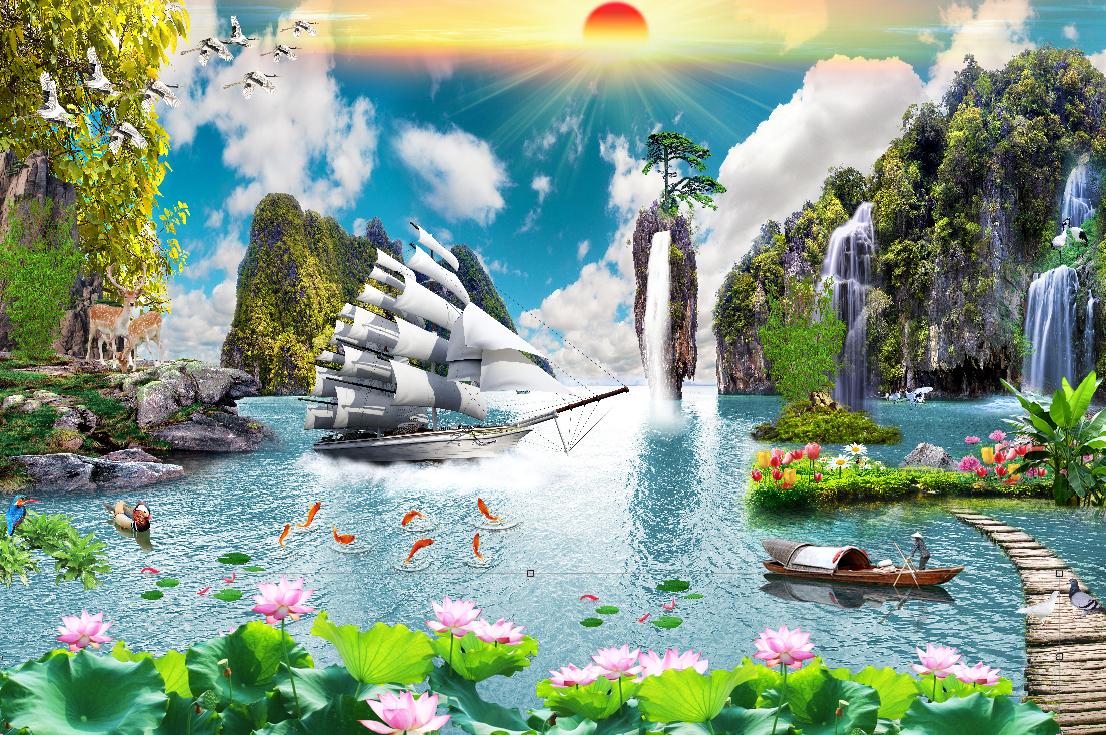 Tranh dán tường 3D Sơn thủy hữu tình kt 80cm*1m2
