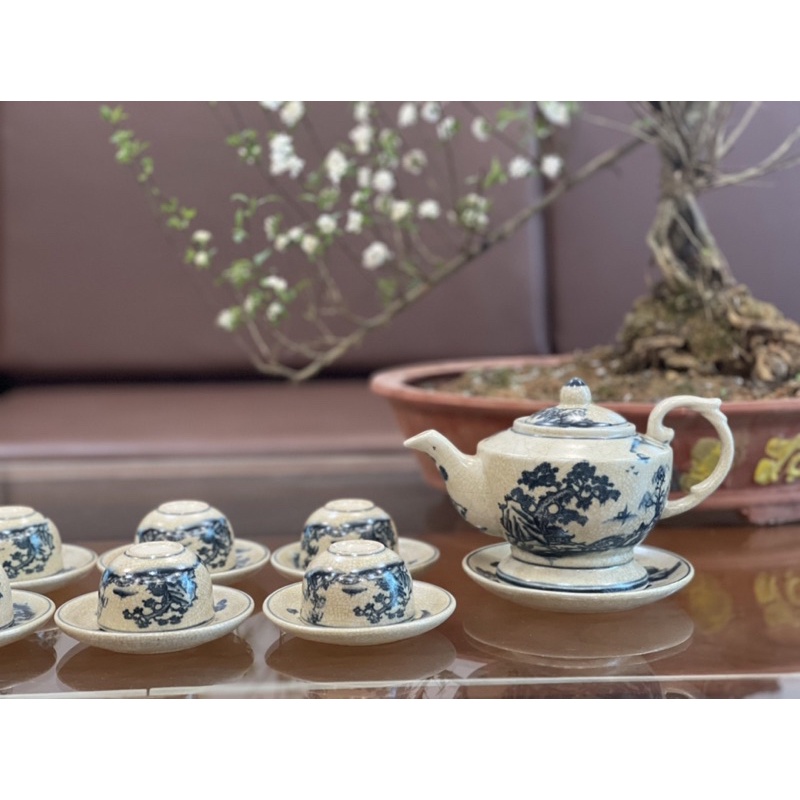 Bộ ấm trà, men rạn cổ vẽ tay Bát tràng cao cấp