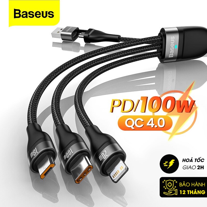 Cáp sạc nhanh 3 đầu Baseus Flash Series 3 in1 Plus (USB+ Type C to Micro+Lightning + Type C, 100W Quick Charge and Data)