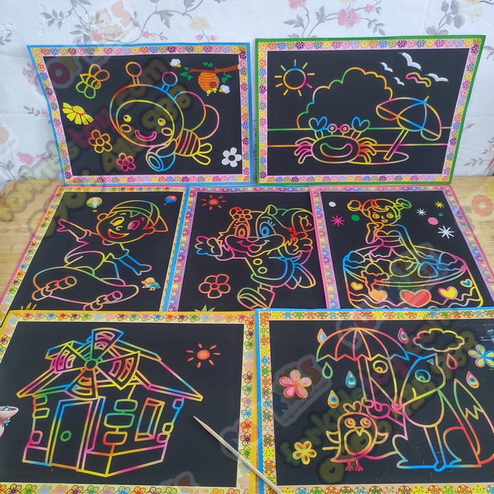 Tranh Cạo Màu Cho Bé Loại To 21X26Cm Cho Bé Combo 10 Tranh