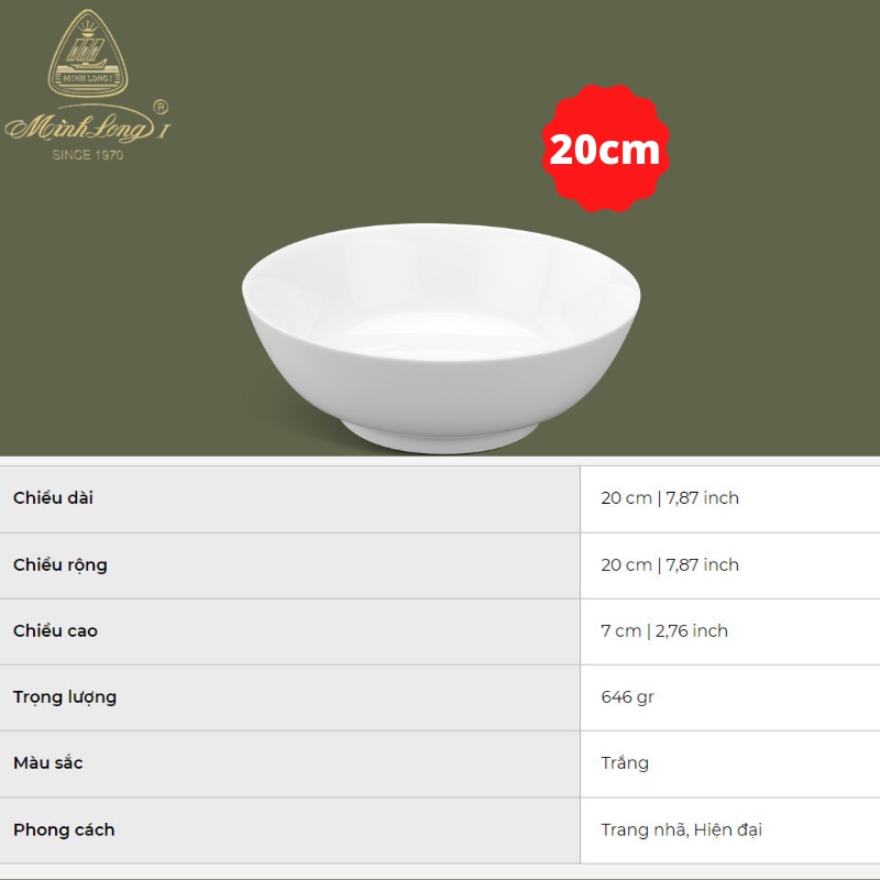 Tô 20 cm Jasmine Trắng
