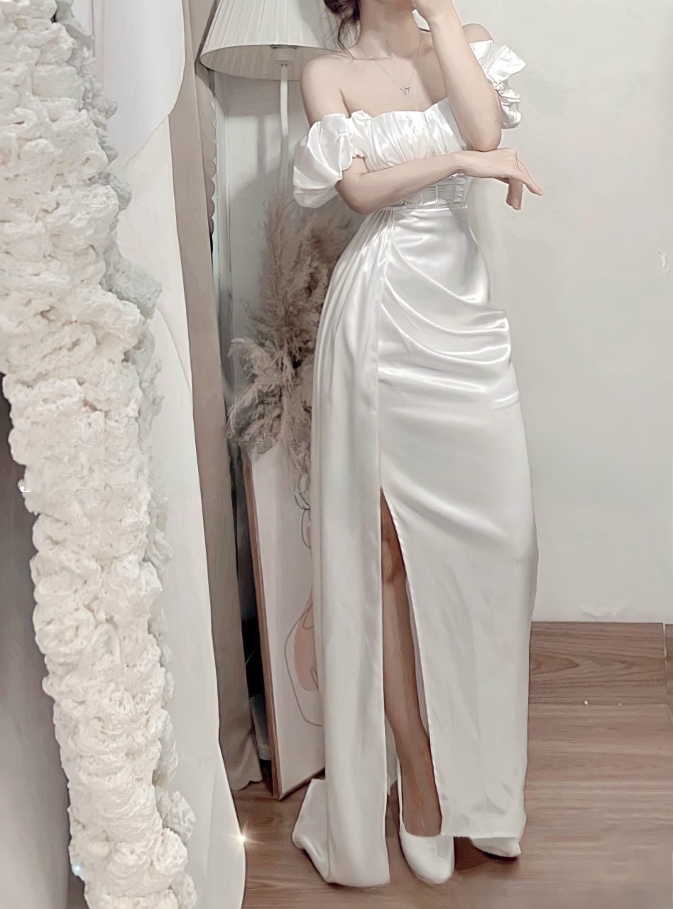 Đầm body trễ vai xẻ đùi dự tiệc sang chảnh-QH