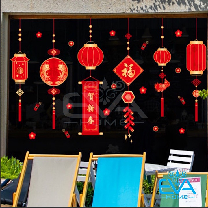 [HCM]Decal Dán Tường Dán Kính Trang Trí Tết Họa Tiết Dây Treo Lồng Đen Chữ Phúc XL662 M3411