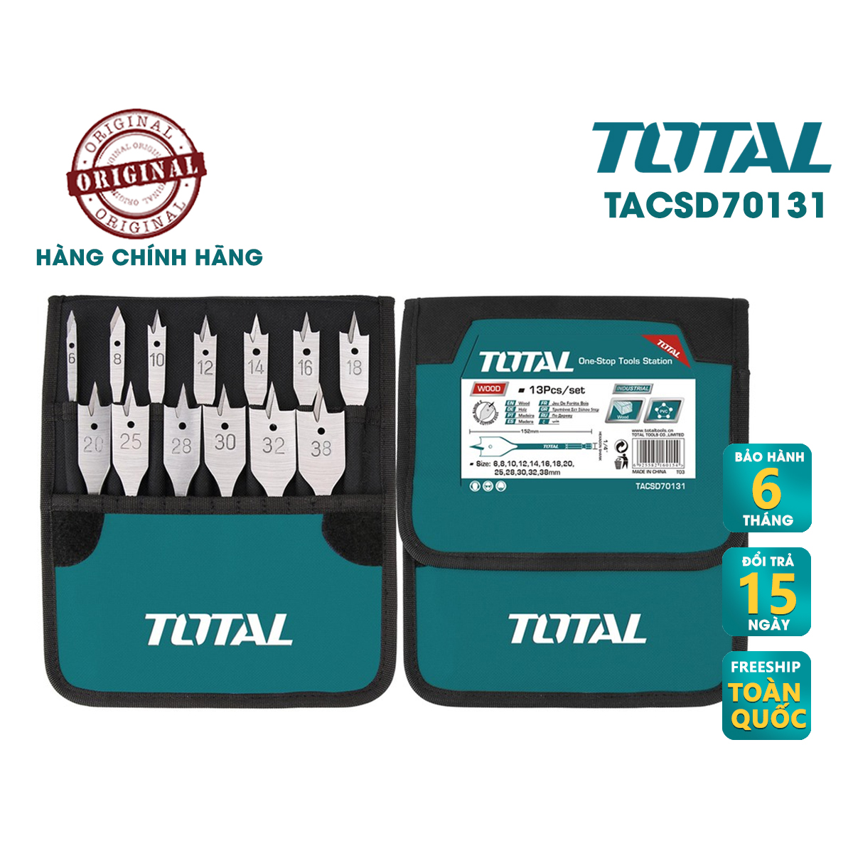 Combo 13 mũi khoan gỗ đầu dẹp TOTAL TACSD70131 , mũi khoan gỗ đuôi lục giác chiều dài 152mm, có thiết kế an toàn, nhỏ gọn, thông minh và mang đến cảm giác thoải