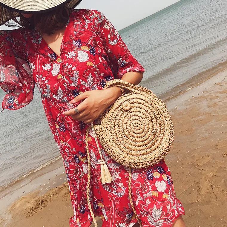 Túi cói tròn khuy giả