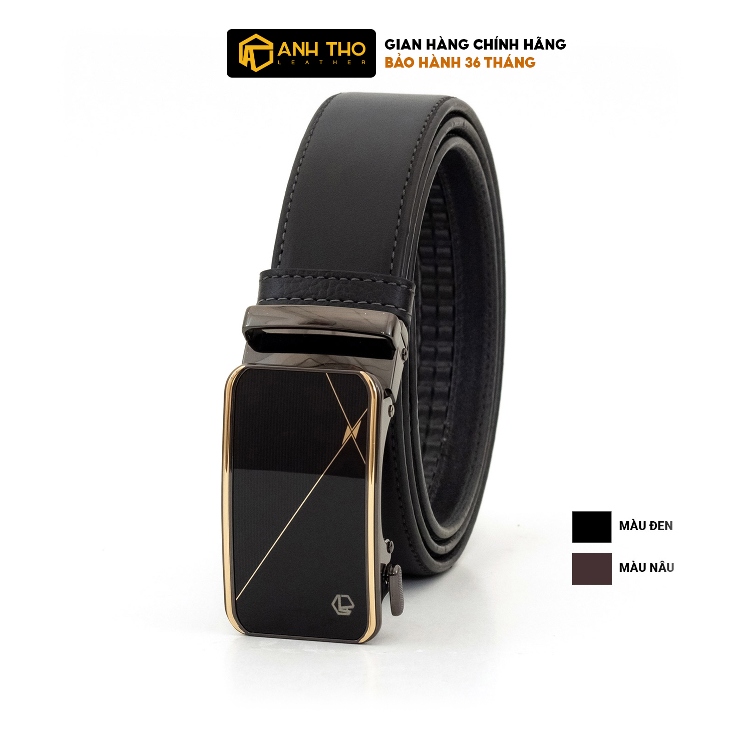 Thắt lưng khoá tự động da bò Nappa MNT4-17 khoá mặt kiếng vàng đen sang trọng, hai màu da đen nâu, Anh Tho Leather