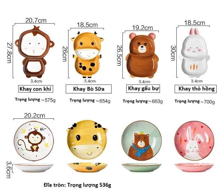 Trọn Bộ Ăn Dặm Cho Bé Hình Thú Đáng Yêu (Gồm 5 Chi Tiết: Khay, Đĩa, Bát, Cốc, Thìa)