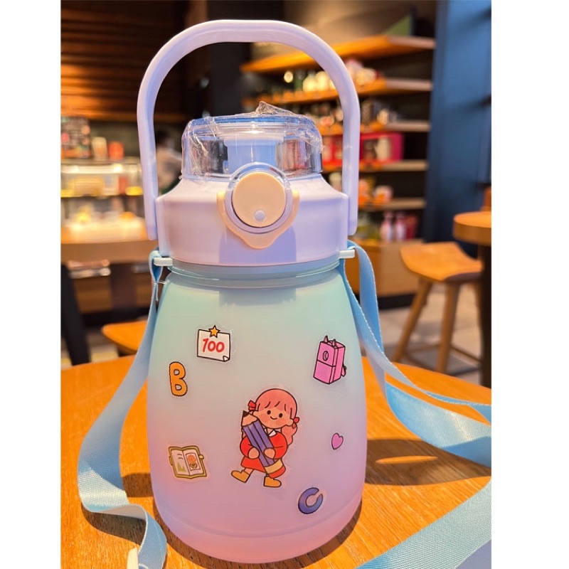 Bình Nhựa 2 Màu 1000ML + Dây Đeo + Ticker