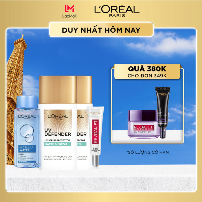 Bộ 2 kem chống nắng & Serum siêu cấp ẩm & nước tẩy trang LOreal Paris giá rẻ