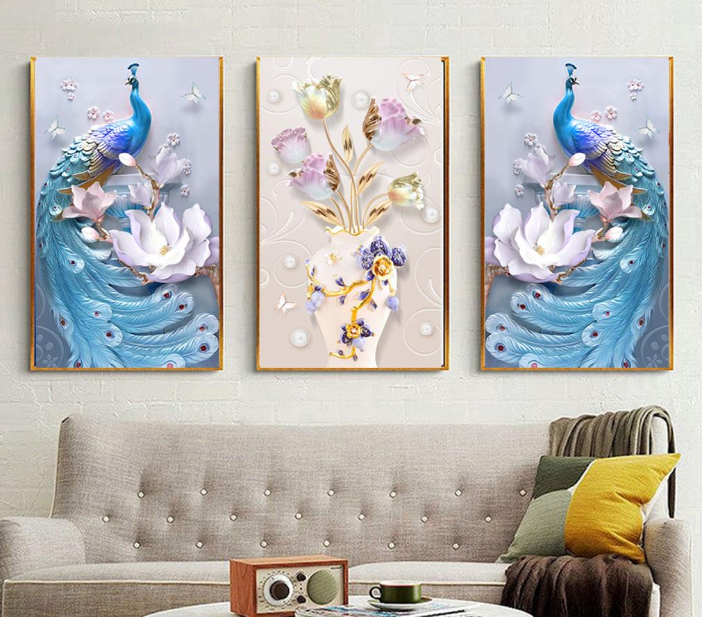 Tranh dán tường 3D Chim công - Chất liệu Decal chống thấm nước - Kích thước 50 x 70, 40 x 60 - MS 01 - Tranh trang trí, tranh treo tường, tranh treo phòng khách, tranh treo phòng ngủ, tranh tường 3D, tranh nghệ thuật, tranh phong thủy