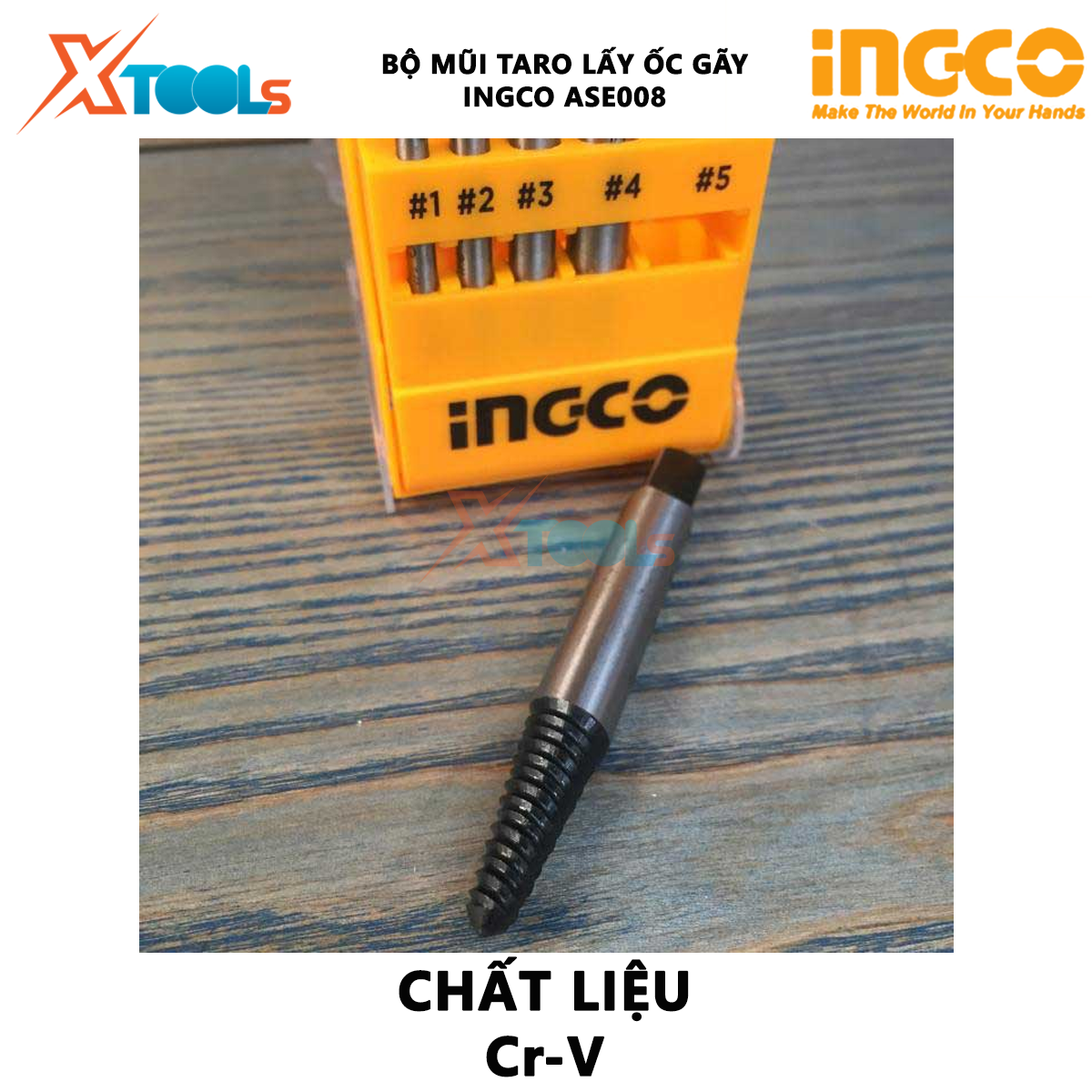 Bộ mũi taro lấy ốc gãy 5 chi tiết INGCO ASE008 Bộ 5 mũi ven răng Size 3-18mm Chất liệu Cr-V XTOOLs