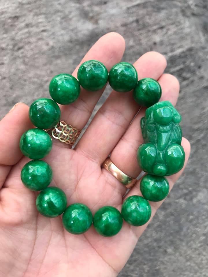 VÒNG TAY TỲ HƯU NGỌC CẨM THẠCH XANH LÁ 14LY- LOẠI VIP