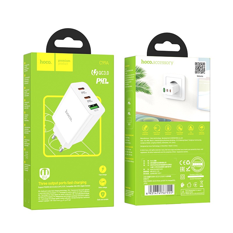 Bộ sạc nhanh hoco 20w c99a có sạc 3 cổng type c 18w type c 20 w usb qc3.0
