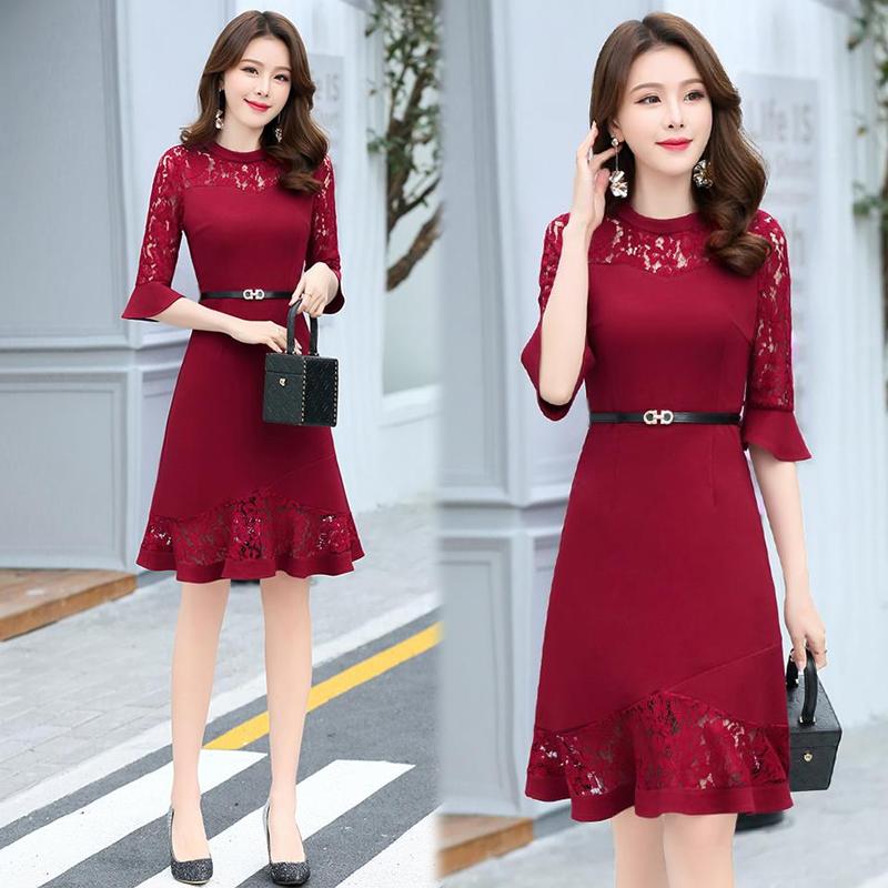 Đầm đỏ body dự tiệc phối ren đuôi cá cao cấp