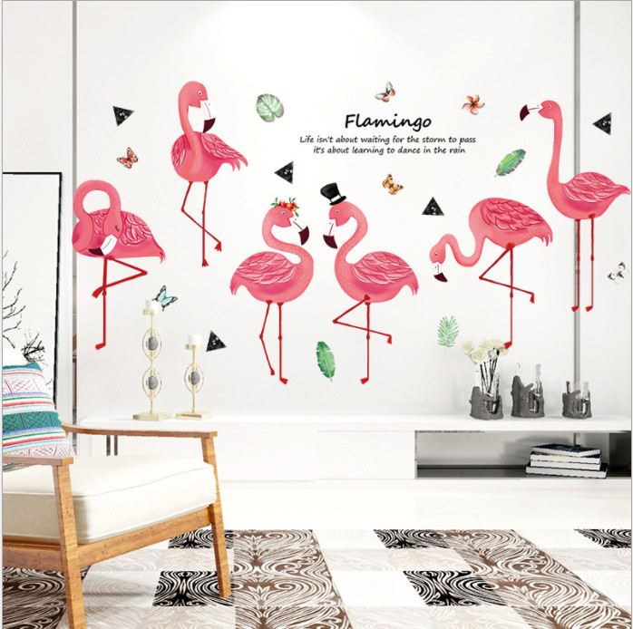 Decal dán tường trang trí - chim hồng hạc flamingo hiện đại
