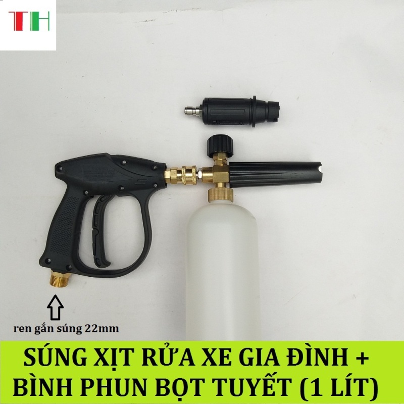 Combo bộ vòi xịt rửa xe áp lực cao và bình phun tạo bọt tuyết cao áp tay xịt ren ngoài 22mm và bình 1 lít