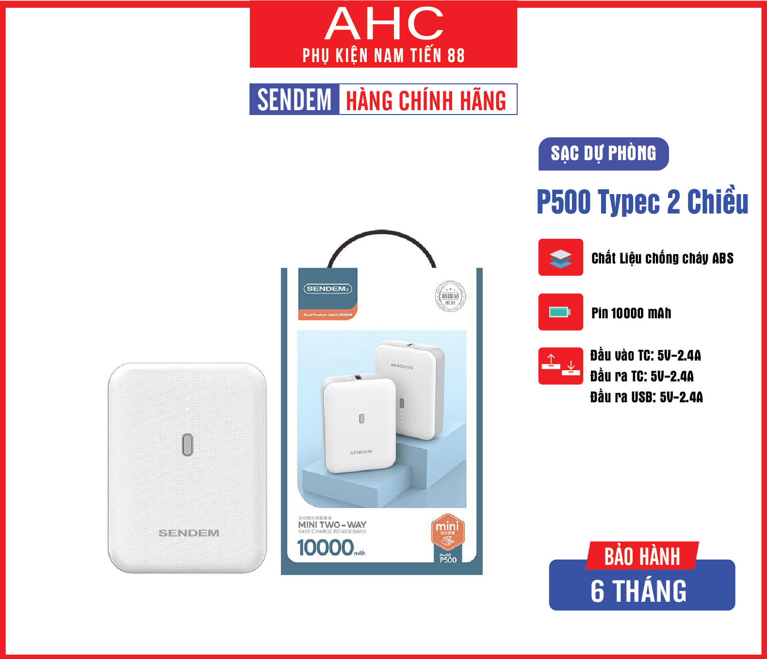 Sac dự phòng mini P500 typeC 2 chiều 10000mah