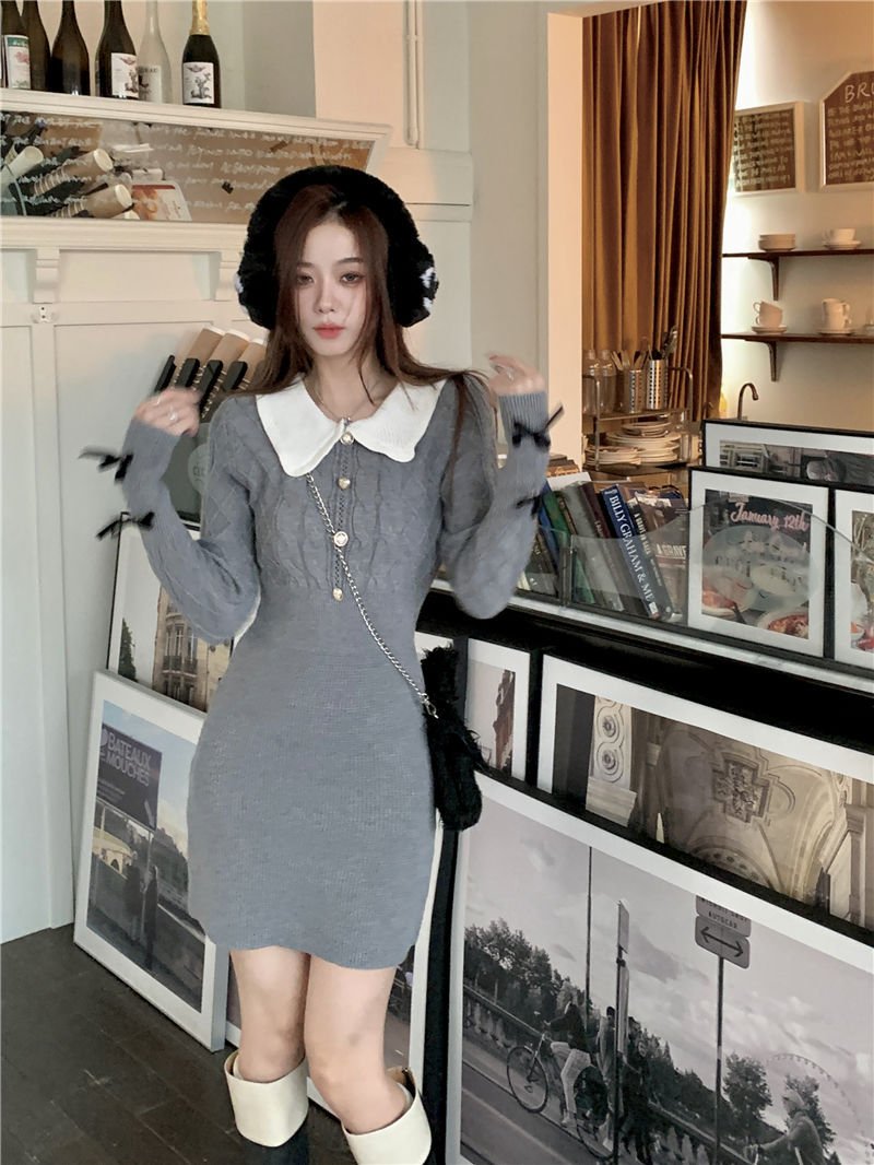 Váy len body đính nơ tay siêu xinh, váy kiểu 2 màu đen/xám phối cổ polo trắng basic, đầm thu đông vải len co dãn ấm áp 1SIZESHOP