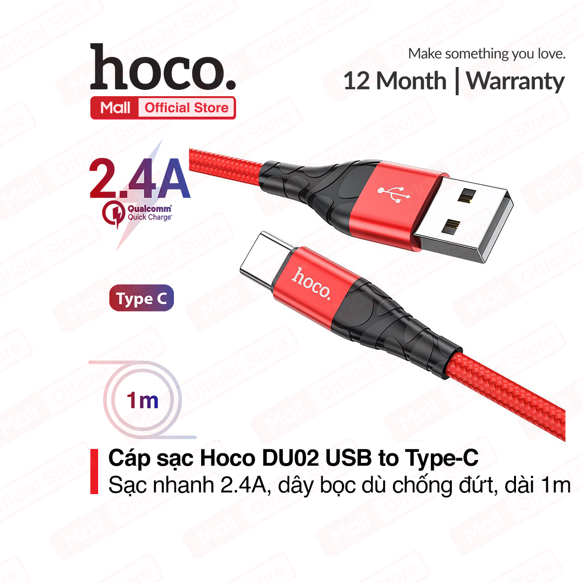 Cáp sạc nhanh Hoco DU02/DU02Plus Type-C USB 2.4A sạc nhanh cho nhiều dòng Samsung/Xiaomi/Huawei dây bền dù chống đứt dài 1m/2m