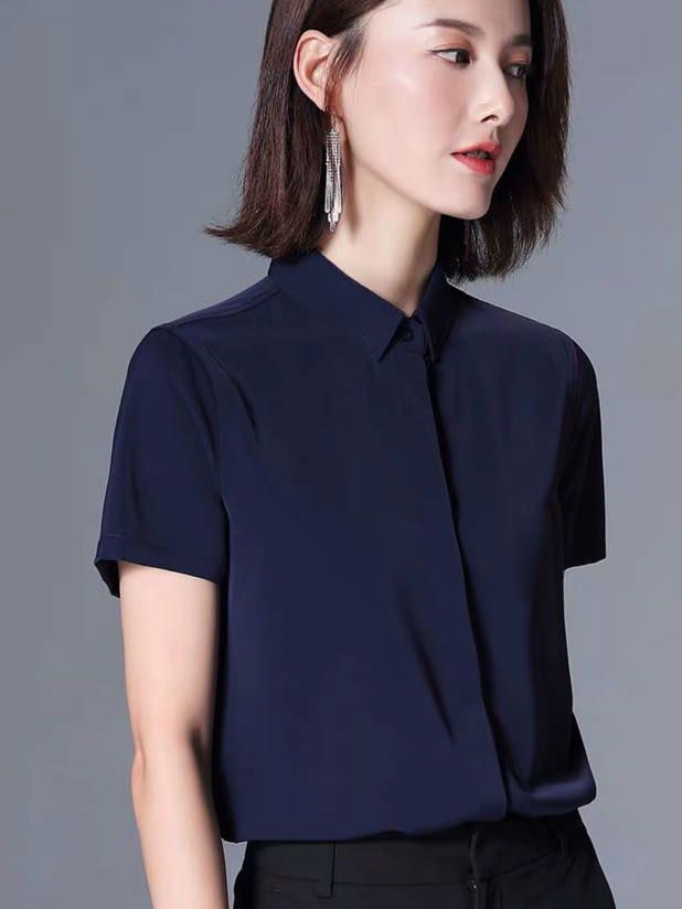 ÁO SƠ MI NỮ TRƠN  CÔNG SỞ NGẮN TAY  DẤU NÚT XANH ĐEN THỜI TRANG CAO CẤP