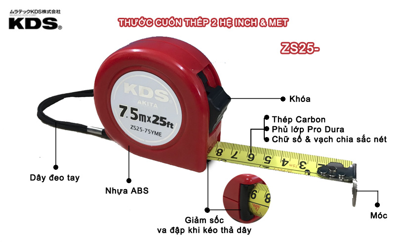Thước cuộn Nhật Bản KDS 2 hệ Inch + Met (in 2 mặt)