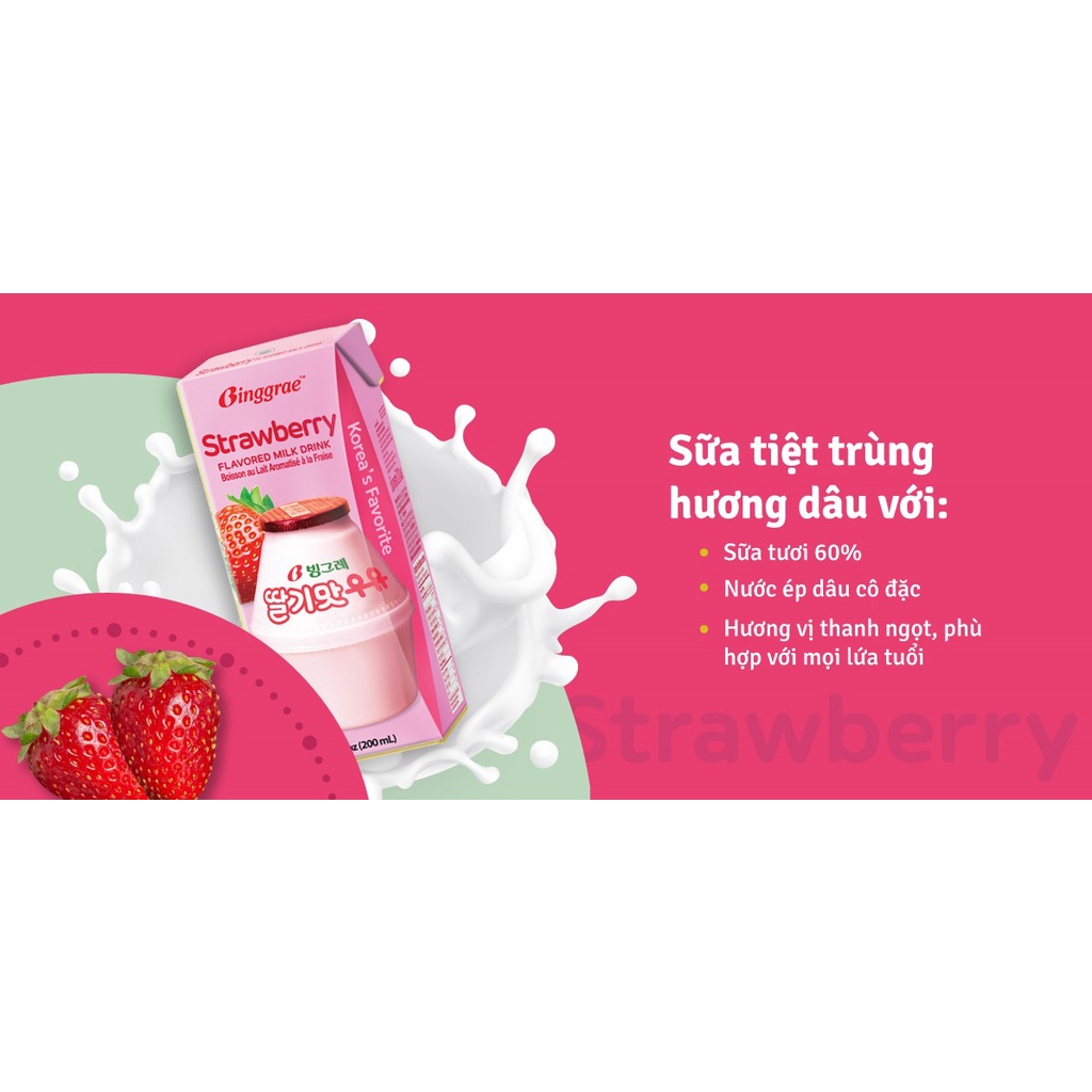 Combo of 2 Boxes of Korean Strawberry Milk Binggrae (12 Boxes X 200ml)