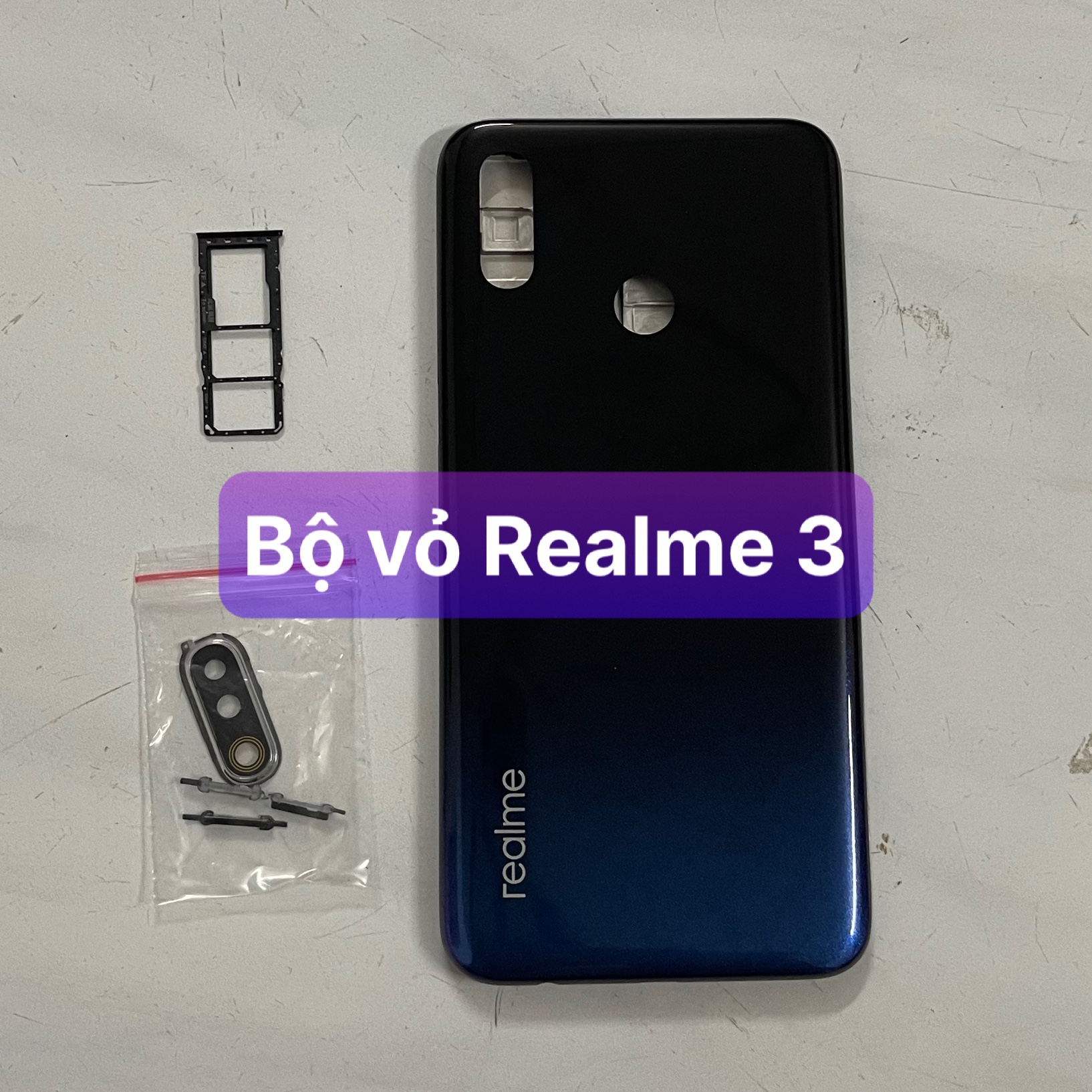 Lưng vỏ Realme 3 ,kèm khay sim,phím,kính camera