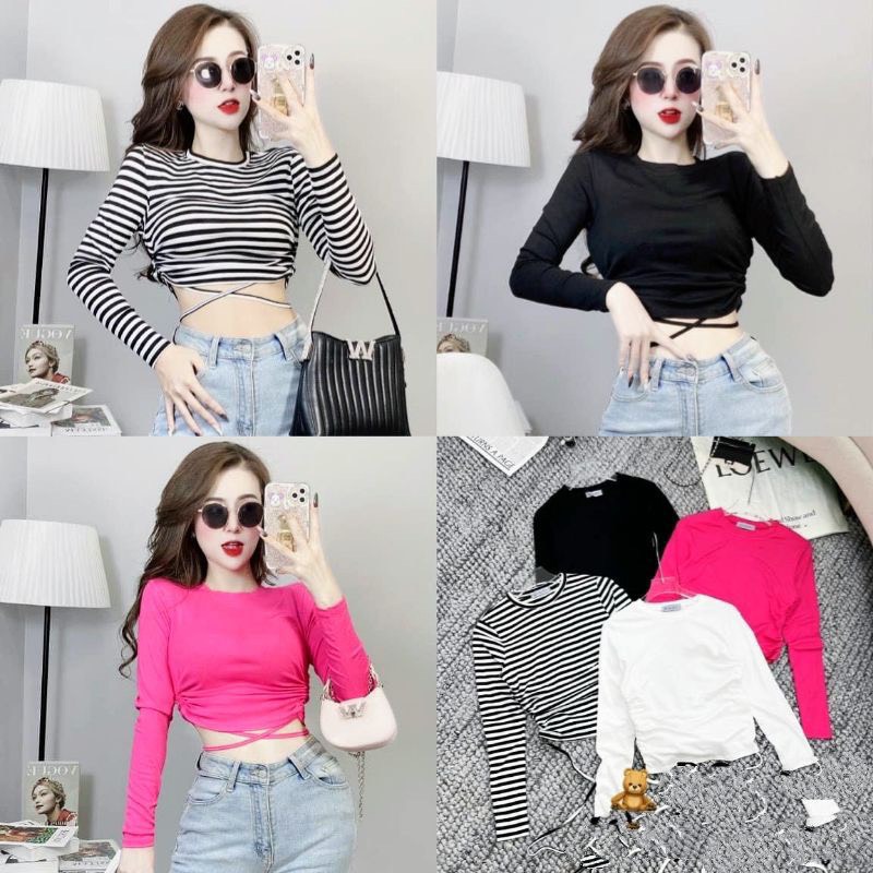 Áo thun borip cổ tròn dài tay phối rút dây hai bên hông ttsla1125