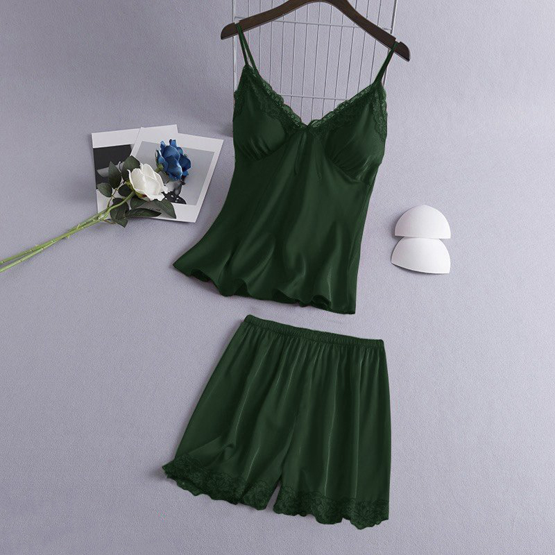 Bộ đồ ngủ mặc nhà đầm hai dây lụa satin có mút ngực amantas98