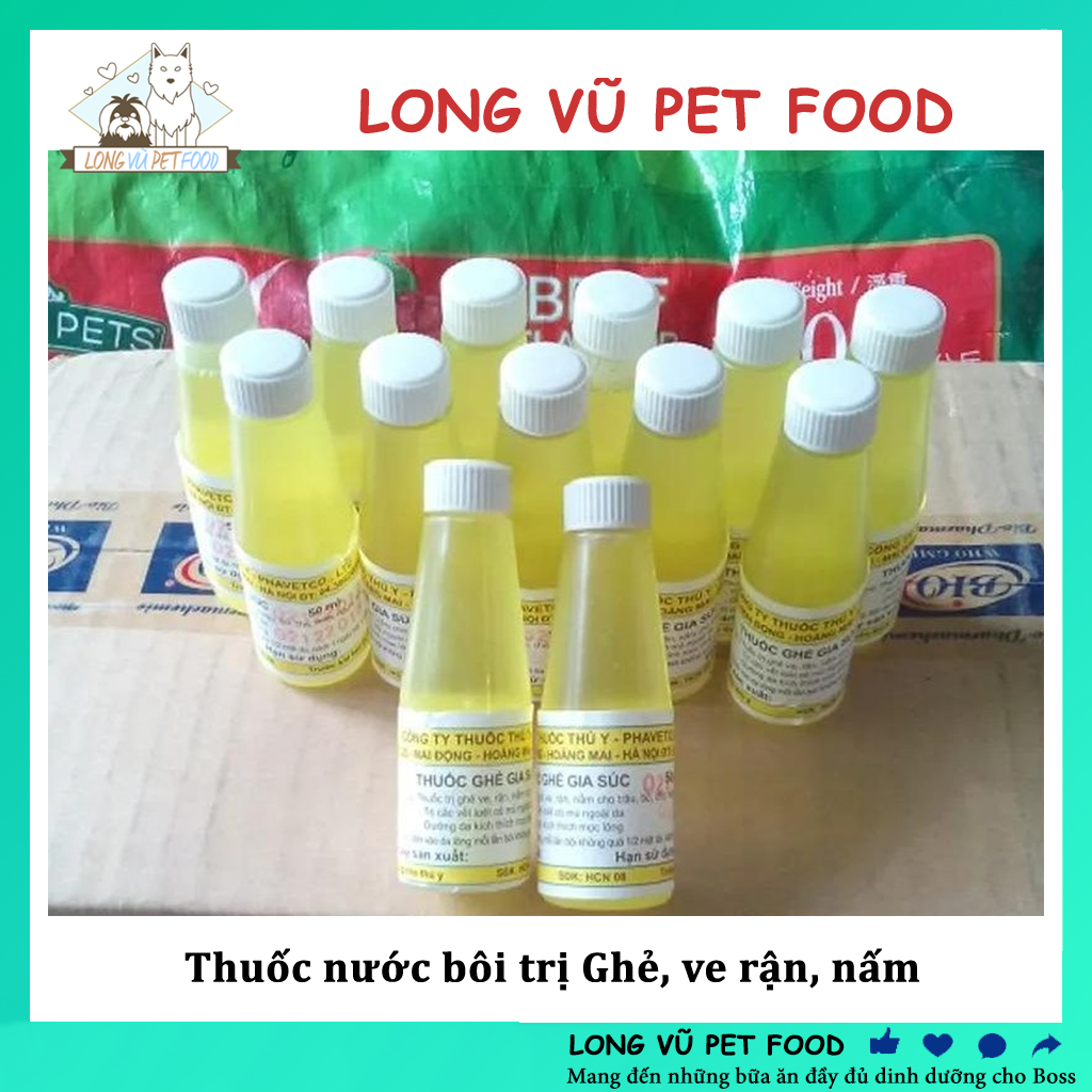 Thuốc trị ghẻ cho chó mèo, trị ve rận, nấm cho chai 50ml dạng thuốc nước bôi - thuốc trị ghẻ, ve rận, nấm - Long Vũ Pet Food