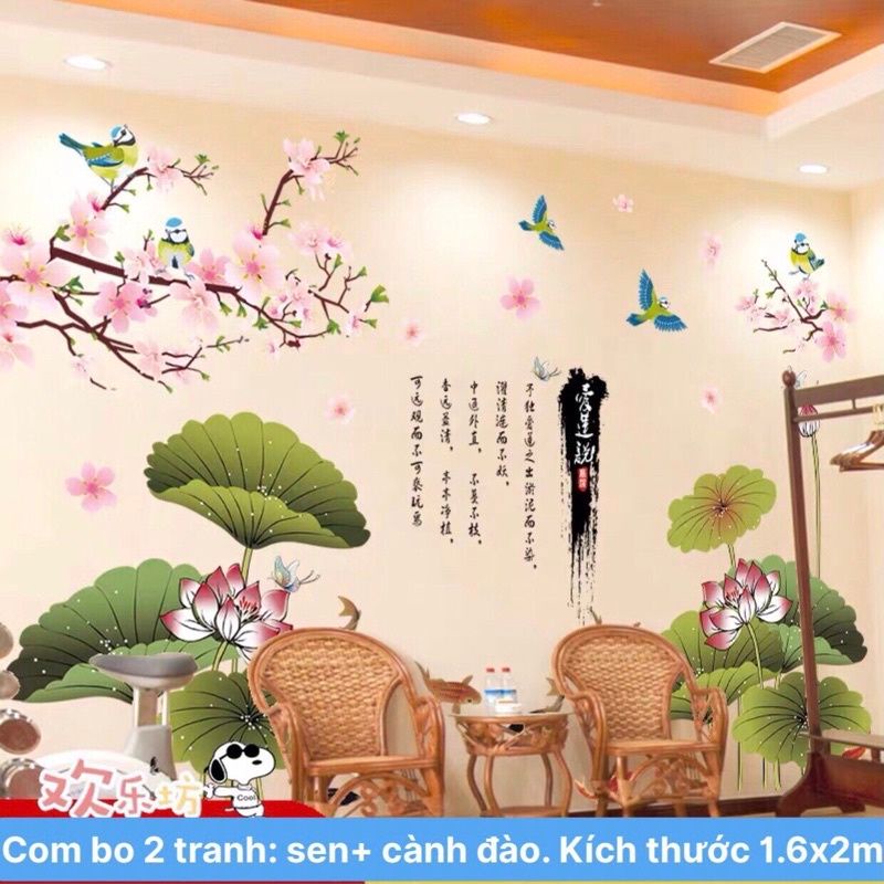 Decal dán tường đầm sen và cành đào