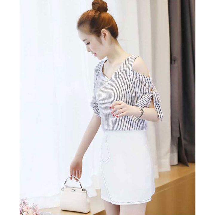 [HCM]Áo Sơ Mi Nữ Kiểu Khoét Vai Cột Nơ Duyên Dáng