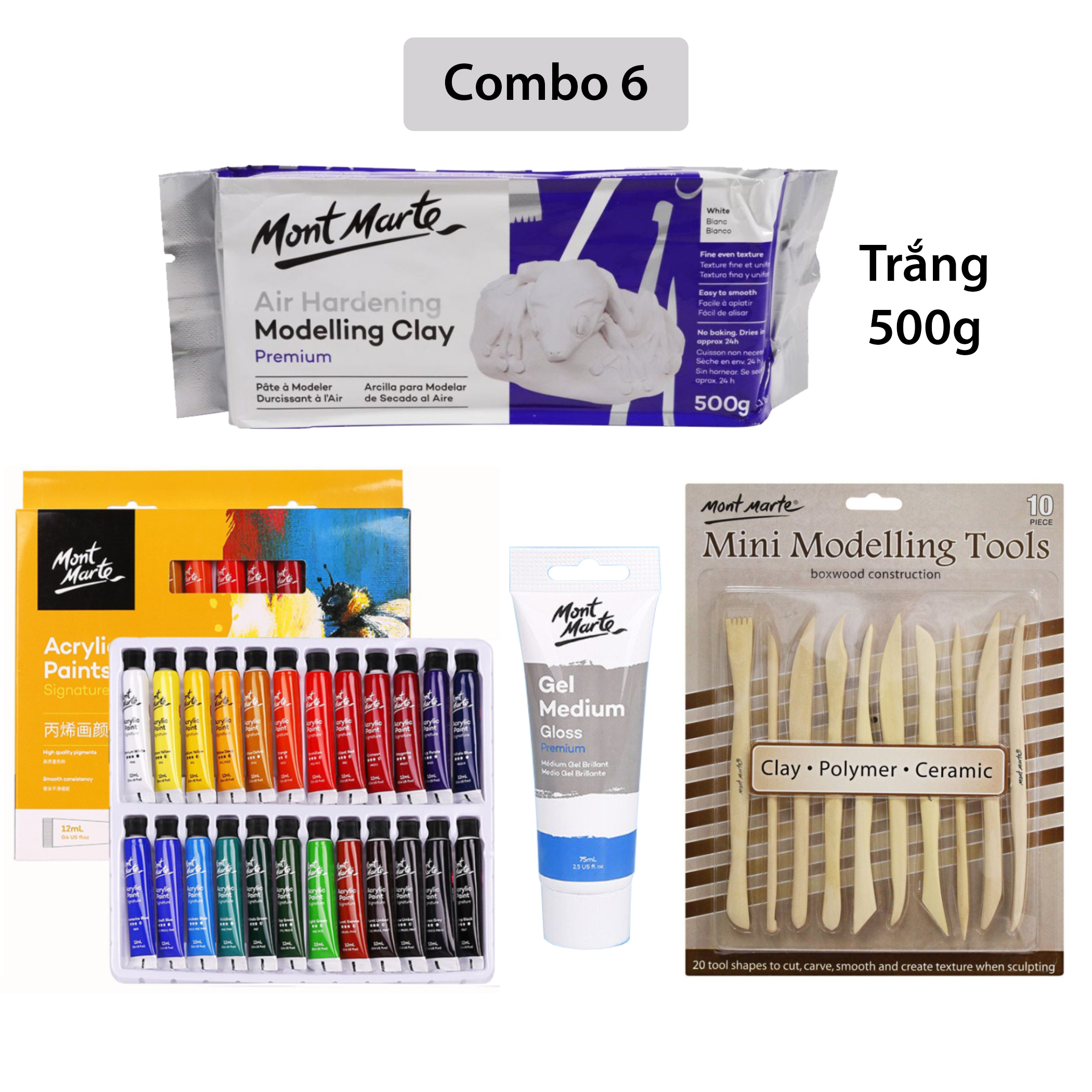 [Giao Hỏa Tốc] Combo Đất Sét Tự Khô 500g Mont Marte và dụng cụ (Air Hardening Modelling Clay)