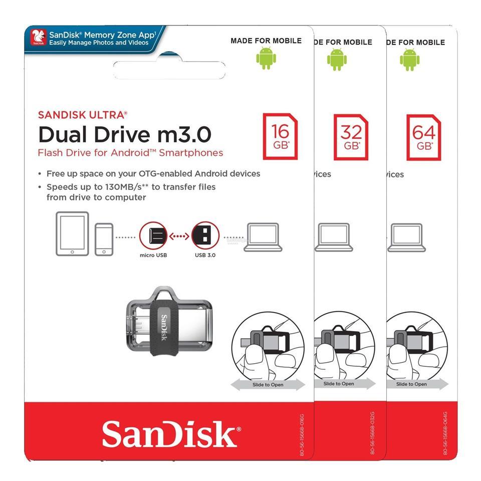 USB OTG 3.0 SanDisk Ultra Dual Drive M3.0 64GB 150MB/s (Bạc) - Bảo hành 2 năm