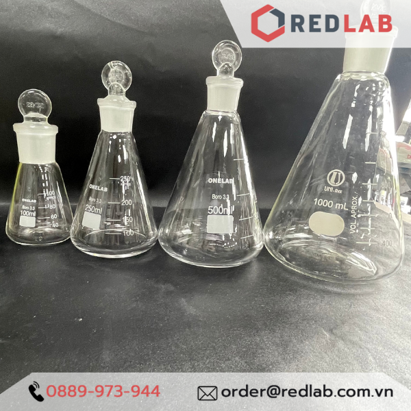 Bình tam giác thuỷ tinh có nút đậy mài nhám 100, 250, 500, 1000 ml - onelab, có vat