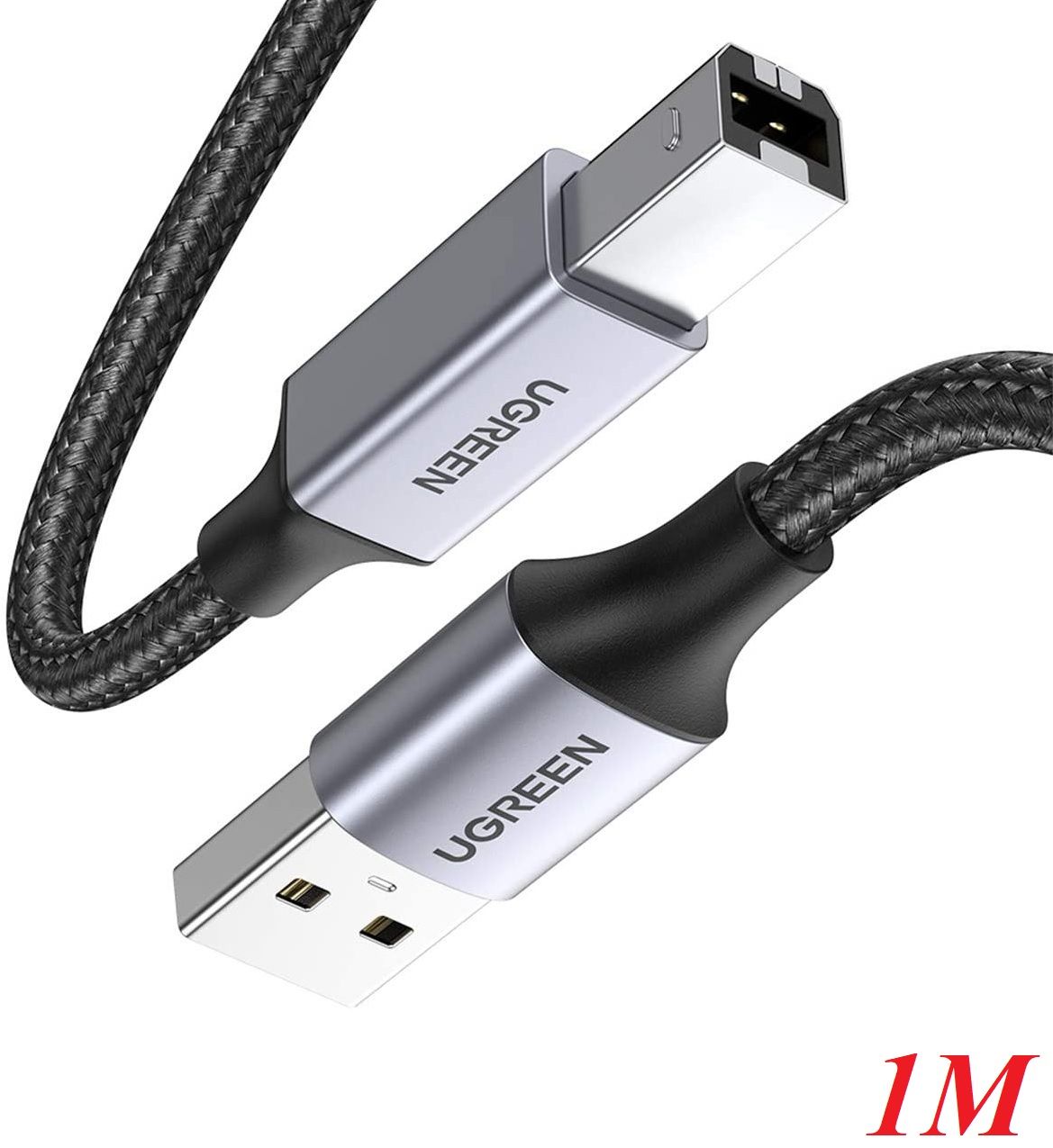 Ugreen 80801 1M đầu nhôm dây bọc lưới chống nhiễu cáp máy in màu Đen 2.0 USB A sang B US369
