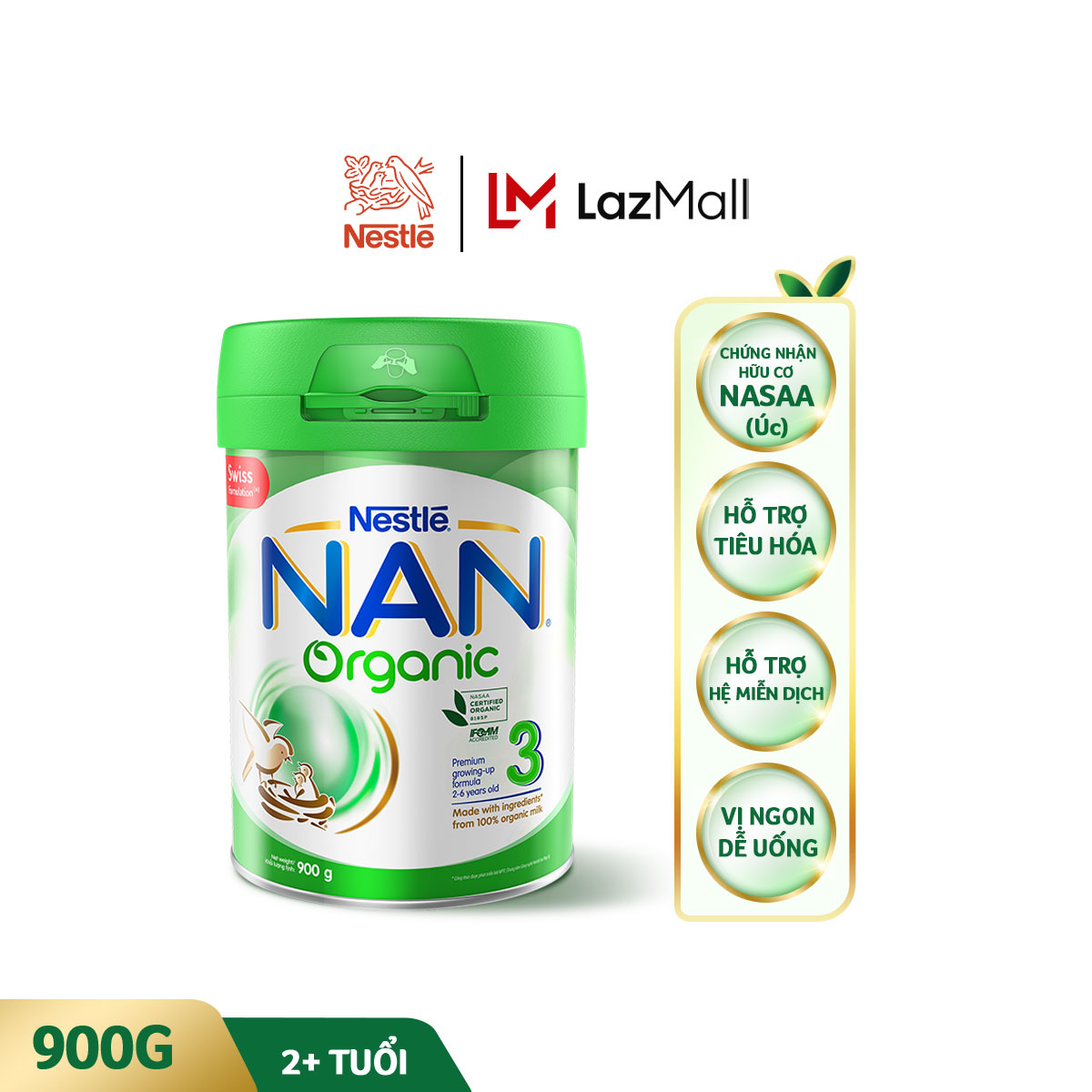 Sữa bột NAN Organic 3 900g cho trẻ trên 2 tuổi