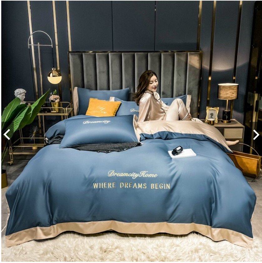 Chăn ga gối Duo Decor phi lụa set 4 món Dream City phối 2 màu