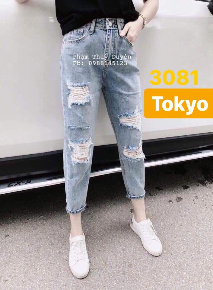 QUẦN JEAN BAGGY NỮ CHẤT BÒ XANH CẠP RÁCH LƯNG CAO NÂNG MÔNG T-3081 CAO CẤP - TOKYO FASHION