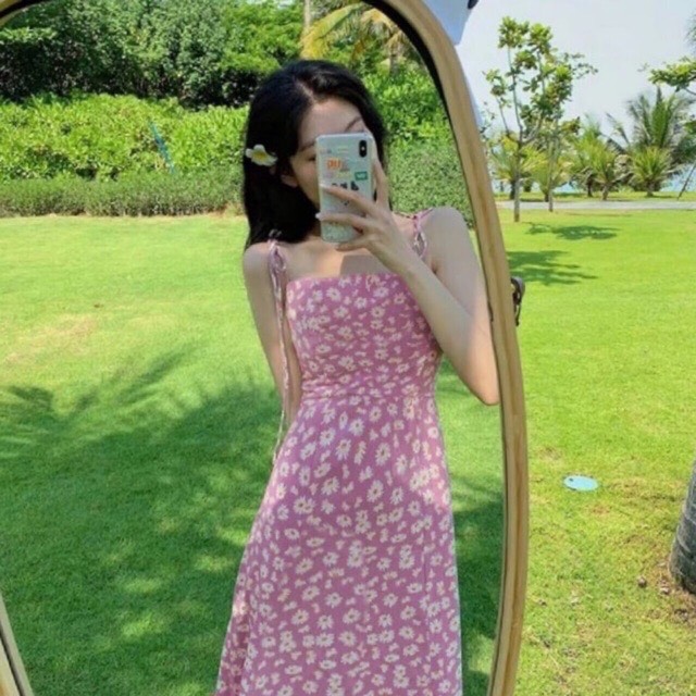 [HCM]Đầm hai dây hoa cúc không có mút ngực