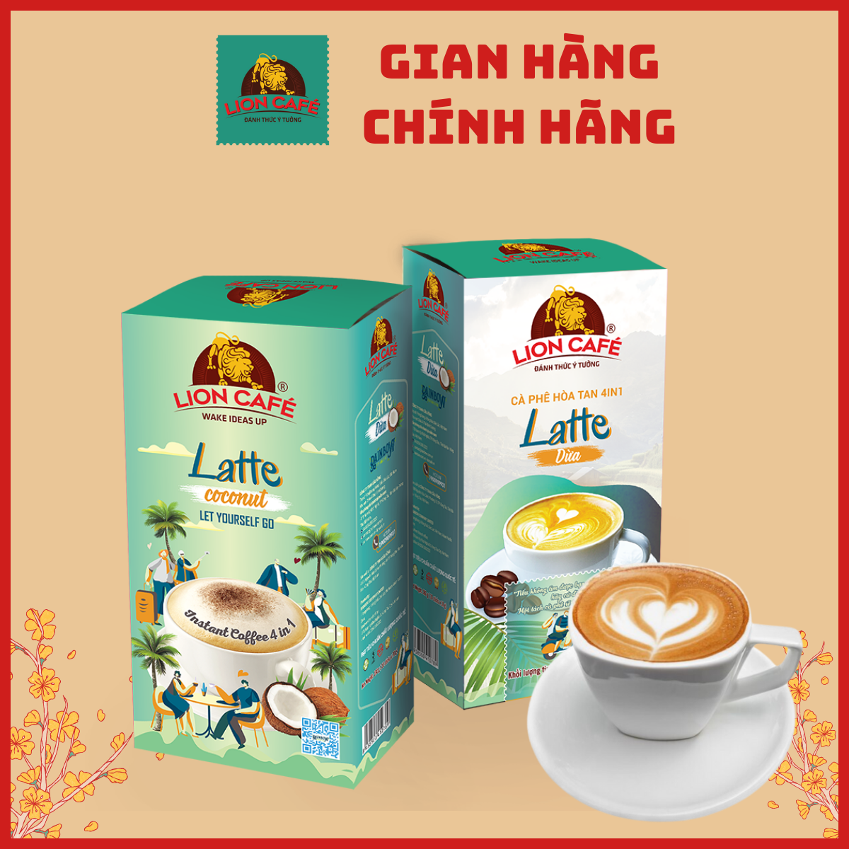LION CAFE - Cà phê hòa tan 4in1 - Latte Dừa - Hộp 180g (10 gói x 18g)