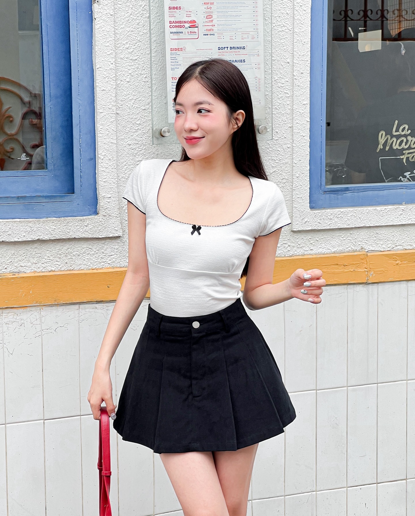 Áo BELLE - Áo ôm cô vuông viền đen đính nơ