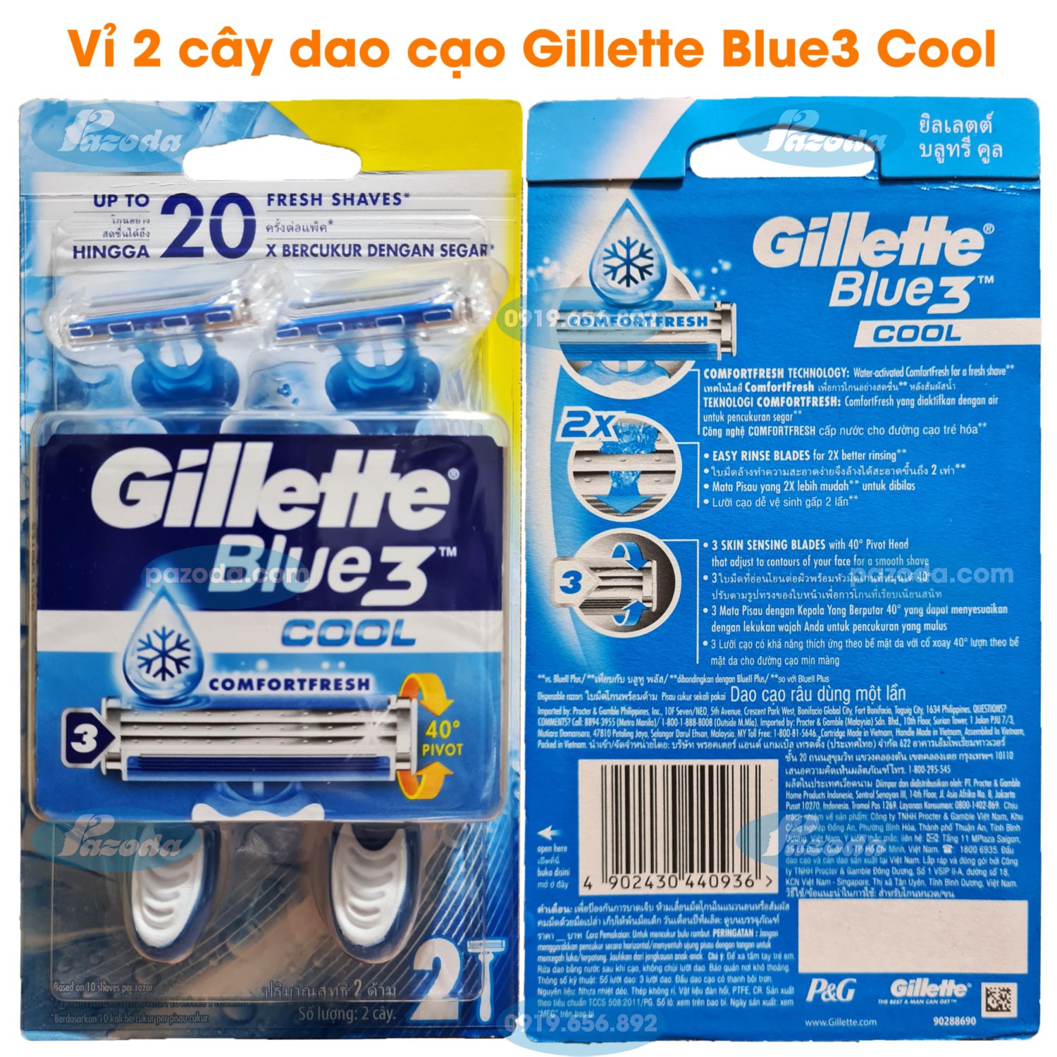 Vỉ 2 cây dao cạo râu Gillette Blue 3 Cool (dao cạo râu du lịch - đầu cạo 3 lưỡi kép)
