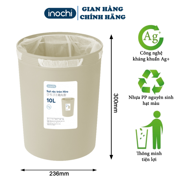 Sọt rác tròn 10 lít - thùng rác thông minh INOCHI tròn dung tích 10l chất liệu nhưa nguyên sinh cao cấp phủ Ag+ kháng khuẩn khử mùi dùng cho gia đình , phòng khách , nhà bếp , nơi công sở , văn phòng