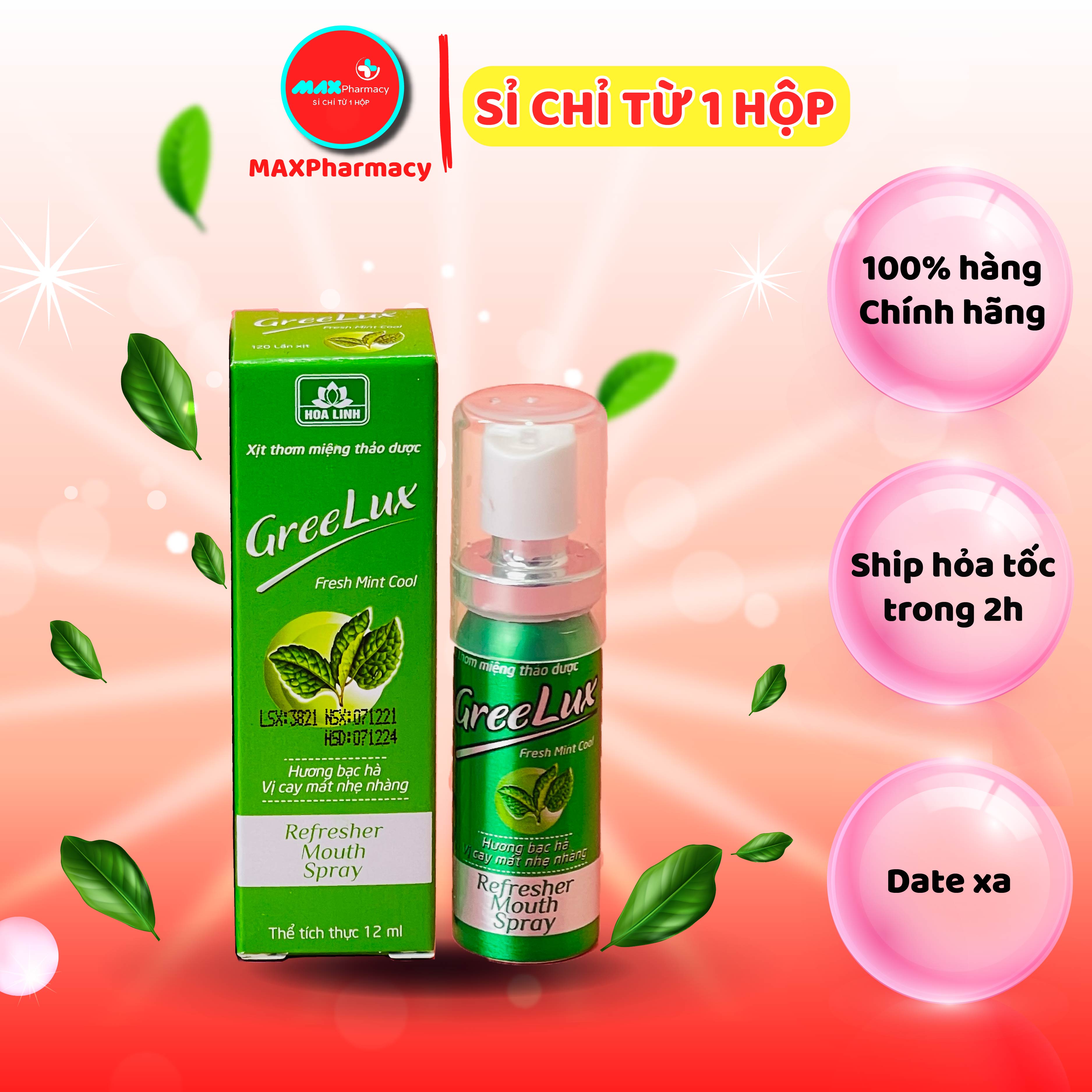 Xịt thơm miệng Thảo dược Hoa Linh Greelux Fresh mint cool 12ml - Maxpharmacy