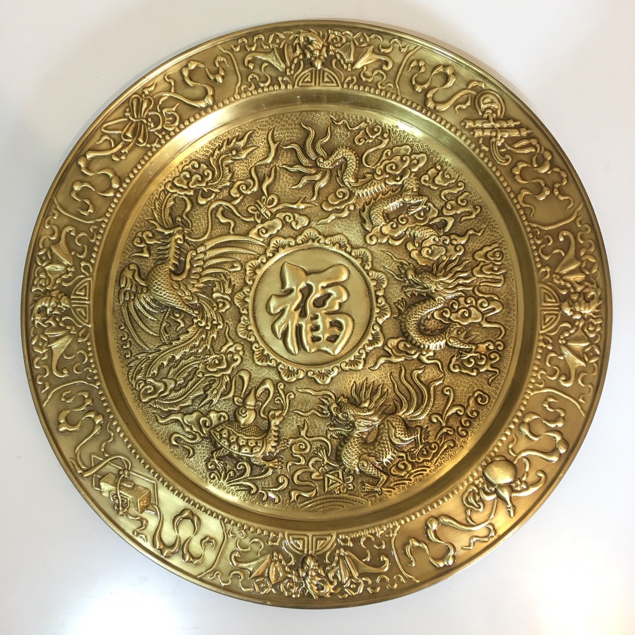 mâm tranh tứ linh 52cm chất liệu đồng